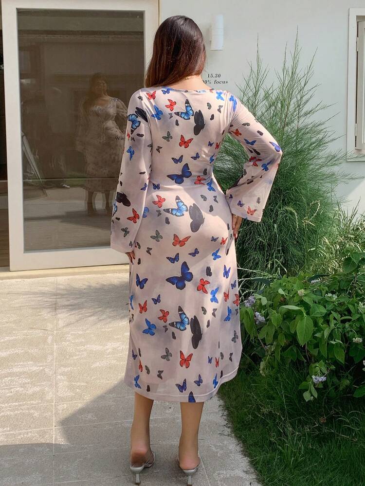 Dazy Plus Plus Size Bow Knot Full Floral Print Bodycon Maxi Dress, Sexy Round Neck Women Plus Clothing Formal Woman S Fall Clothes Long Sleeve Dress