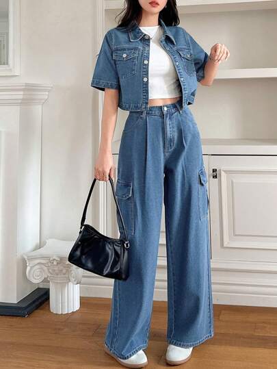 DAZY Women's Solid Color Loose Shirt Pocket Flare Leg Jeans 2 Pieces Set