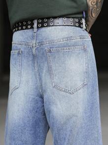 Manfinity Homme Men's Casual Washed Distressed Straight Leg Jeans - Medium Wash - View 8