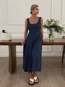 Livesso فستان جينز خطوة واحدة بألوان سادة قطعات مختلفة للسيدات - أزرق داكن - مشاهدة 5