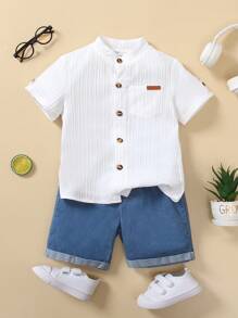Souflis Souflis 2 Pieces Set For Young Boys: White Woven Shirt And Washed Denim Shorts, Suitable For Daily Wear, School, Vacations - Multicolor - View 1