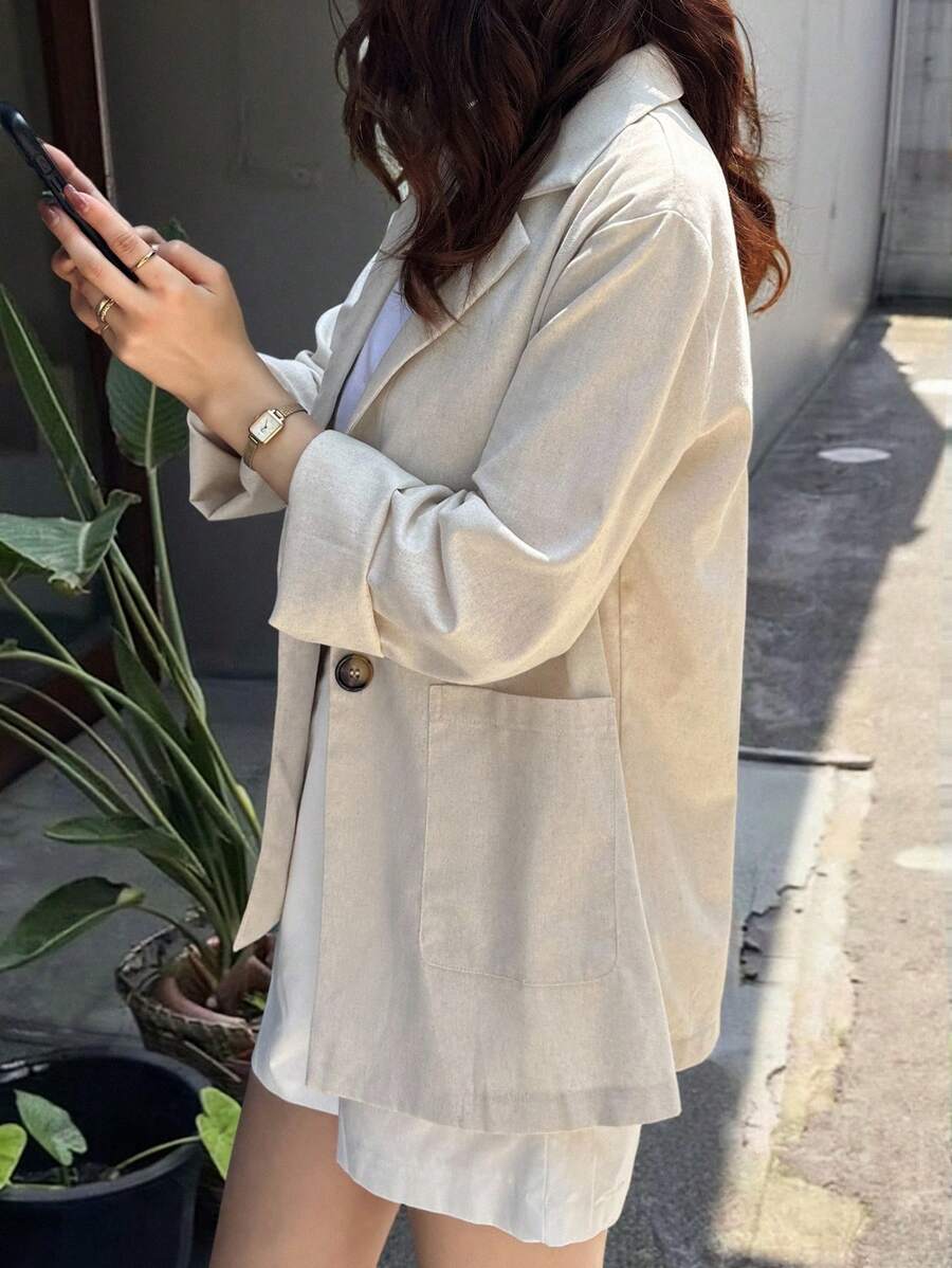 DAZY 新款春季風格週末休閒寬鬆大尺寸女款亞麻西裝外套商務正裝西式女裝 - 杏色 - 查看 1
