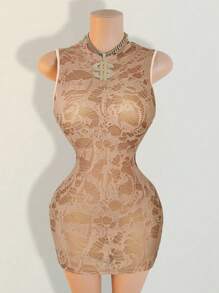 BamGleam Vestido mini ajustado sin mangas con espalda con cordones sexy para mujeres - Caqui - Ver 3