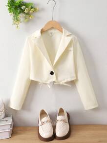 SHEIN Tween Girls' Casual Notched Collar Bowknot Decor Short Cut Long Sleeve Blazer Jacket Girls Jacket Girls Spring Jacket Cropped Blazer Girl Girl Blazer Kids Blazer,In Fall/Winter