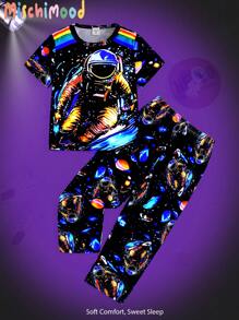 2pcs/Set Young Boys Stylish Astronaut & Colorful Print Pattern Short Sleeve T-Shirt And Pants Comfortable Home Outfit, Rave - Multicolor - View 1