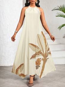 SHEIN Lady 女士度假印花连衣裙优雅休闲挂脖长裙 - 卡其色 - 查看 6