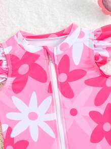 Newborn Floral Ruffled One-Piece Swimsuit With Headband Set,Newborn Baby Girl Clothing For Summer,Cute Beach Holiday Outfits - Multicolor - View 3