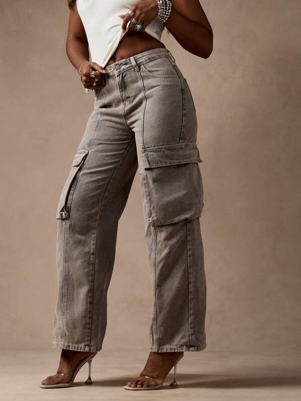 MISSGUIDED Wide Leg Cargo Denim Jeans Utility Style Relaxed Fit Workwear Pants With Side Pockets Y2K Fashion Streetwear Fall Winter Collection