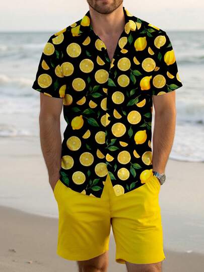 Manfinity RSRT Men's Vacation Fruit Print Short Sleeve Shirt And Shorts Set, Casual Suit Tropical Vacation Men Clothes, Lemon Print Shirt Men