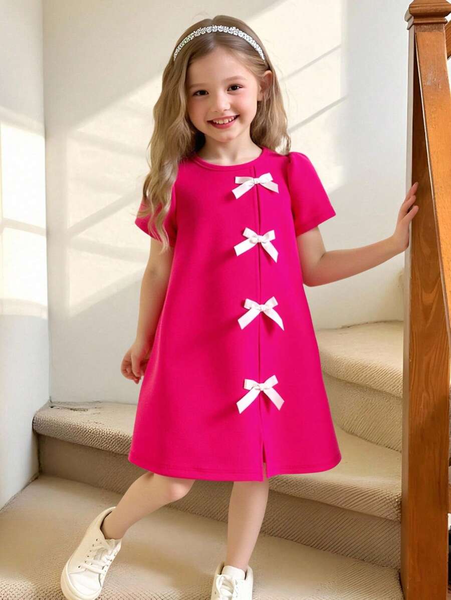 Elladie kids 女童少女夏季日常甜美可爱户外休闲百搭创意不对称蝴蝶结开衩短袖纯色针织连衣裙