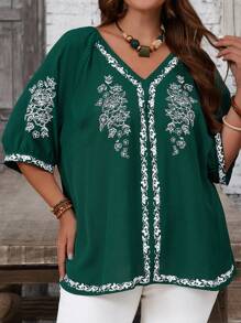 EMERY ROSE Plus Size Women Summer Floral Print V-Neck Raglan Sleeve Loose Blouse - Black and White - View 4