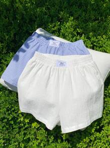 Comfortcana 女士夏季休闲宽松短裤，2 件/套女士夏季休闲亚麻蝴蝶结条纹短裤和白色抽绳裹身短裤套装适合海滩度假，超短裤 - 彩色 - 查看 6
