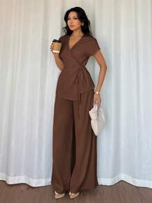 Elenzga 女士优雅裹身蝙蝠袖衬衫和宽松阔腿裤两件套，杏色编织，适合夏季外出、约会、度假 - 咖啡棕 - 查看 5