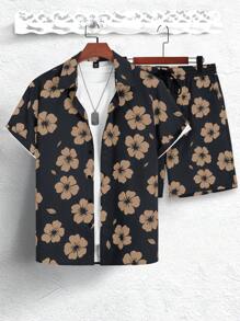 Manfinity RSRT 2pcs Men Summer Vacation Style Allover Floral Print Short Sleeve Shirt And Shorts Set