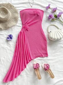 Soleia Váy mini nghỉ dưỡng đảo nhiệt đới màu cam dành cho nữ, không dây buộc eo nhún bèo có họa tiết sao biển và bèo nhún, dành cho kỳ nghỉ ở bãi biển - Hồng - Xem 7