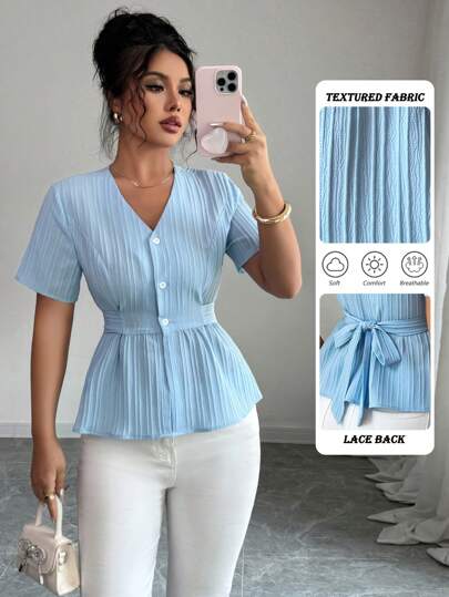 Elenzga 女式V领系腰法式短袖衬衫