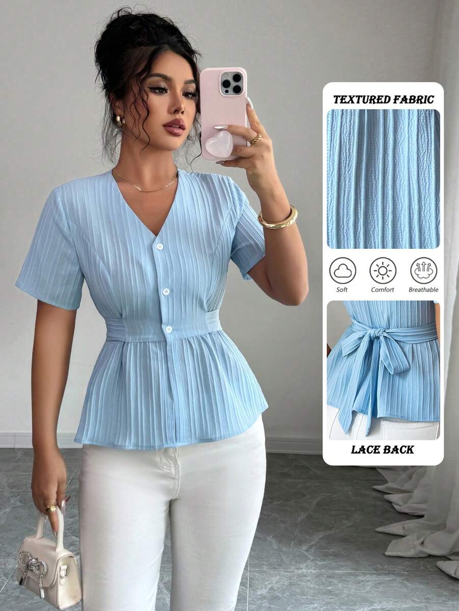 Elenzga 女式V领系腰法式短袖衬衫 - 淺藍色 - 查看 1