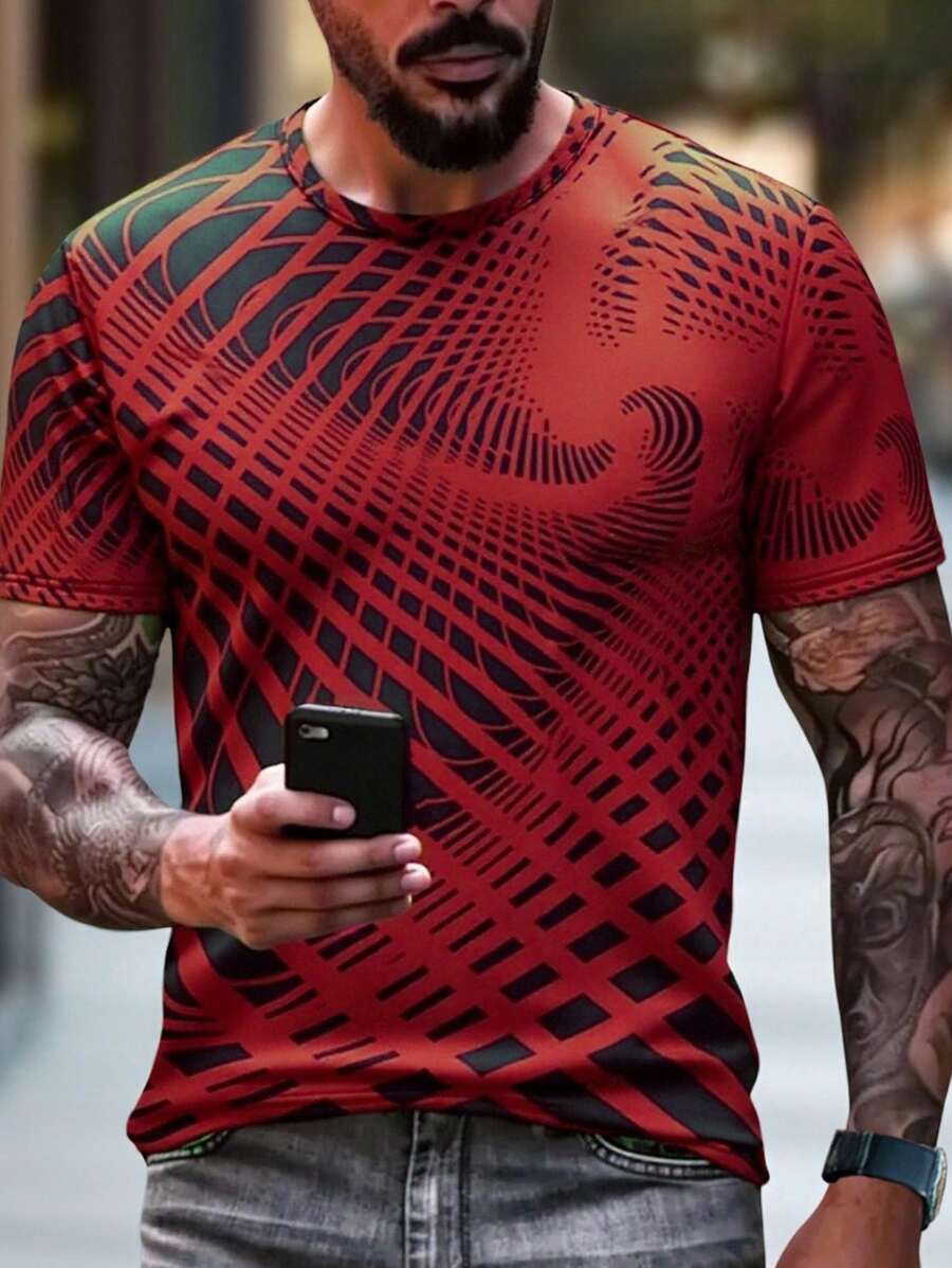 Manfinity LEGND Men's Striped Print Round Neck Short Sleeve Casual T-Shirt, Summer - Red - View 1