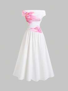 Sweetra Elegantes schulterfreies Urlaubskleid mit Blumen Muster für Damen