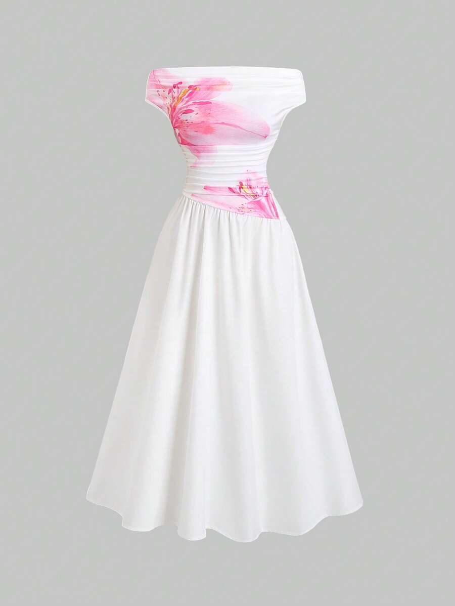 Sweetra Elegantes schulterfreies Urlaubskleid mit Blumen Muster für Damen