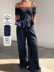 DAZY Women's Ruffle Ruffled Blouse And Wide-Leg Jeans Set - Dark Wash - View 4