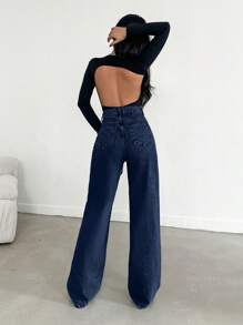 EURMUSE HIGH WAIST WIDE LEG LONG HEM BLUE JEAN - 716 GR - Dark Wash - View 2