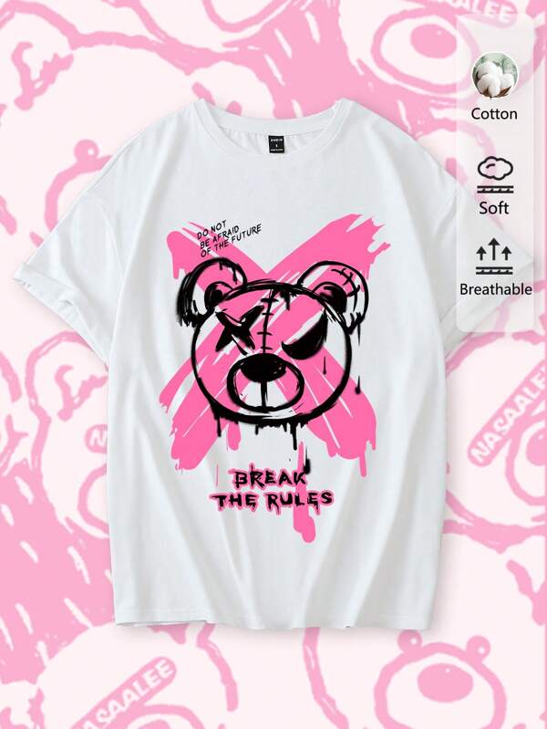 Tseoso Casual Letter Cartoon Bear Graphic Round Neck Short Sleeve Oversized T-Shirt For Women, Suitable For Summer