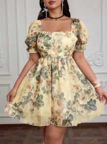 Flirla Plus Size Women Vintage Floral Print Puff Sleeve Mesh Overlay Dress