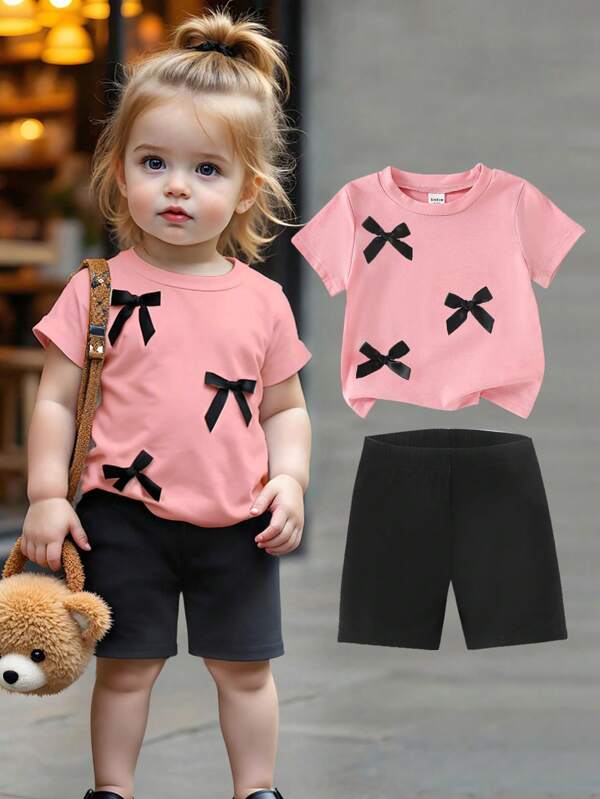 Girl Set Clothes Baby Girls  Cute And Casual Daily Set Of Round-Neck Short-Sleeved T-Shirt And Woven Shorts