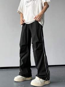 Claim Dot 男士休闲侧条纹长裤 - 黑色 - 查看 1