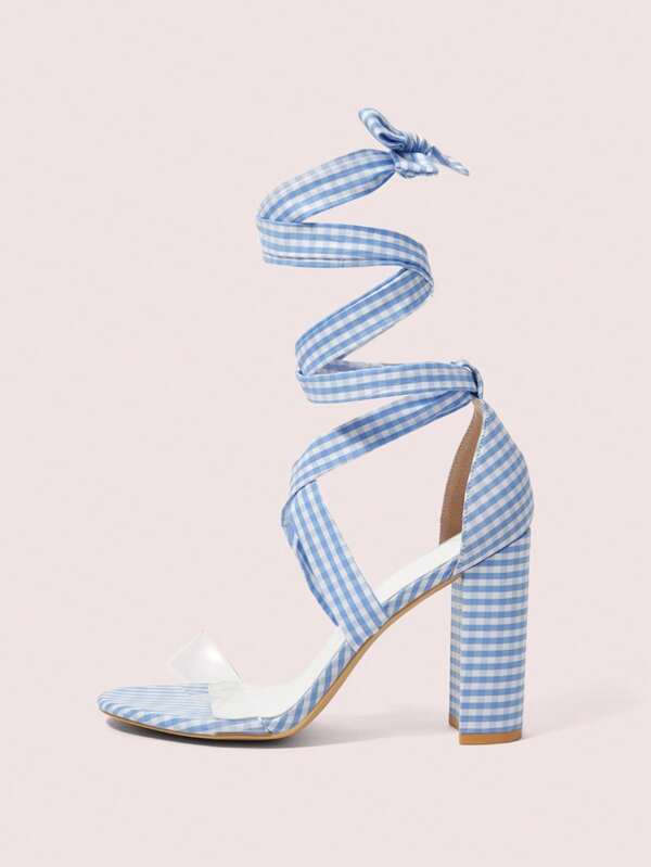 CUCCOO DOLLMOD Sandalias romanas de tacón grueso azul con tela a cuadros, correas de contraste, de algodón, elegantes, casuales y para vacaciones, para uso diario