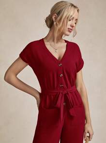 SHEIN LUNE Summer Women's Solid Color Short Sleeve Jumpsuit With Pockets - Burgundy - View 5