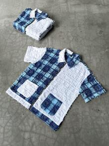 Manfinity EMRG Men's Summer Patchwork Plaid Pocket Casual Short Sleeve Shirt Shirt Set Man Shirt Set - Multicolor - View 5