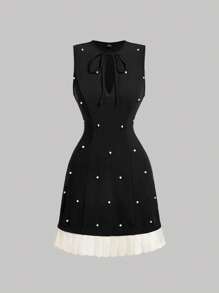 SHEIN MOD Đầm mini cổ tròn không tay đính ngọc trai thời trang dành cho nữ màu đen cổ điển - màu đen - Xem 1