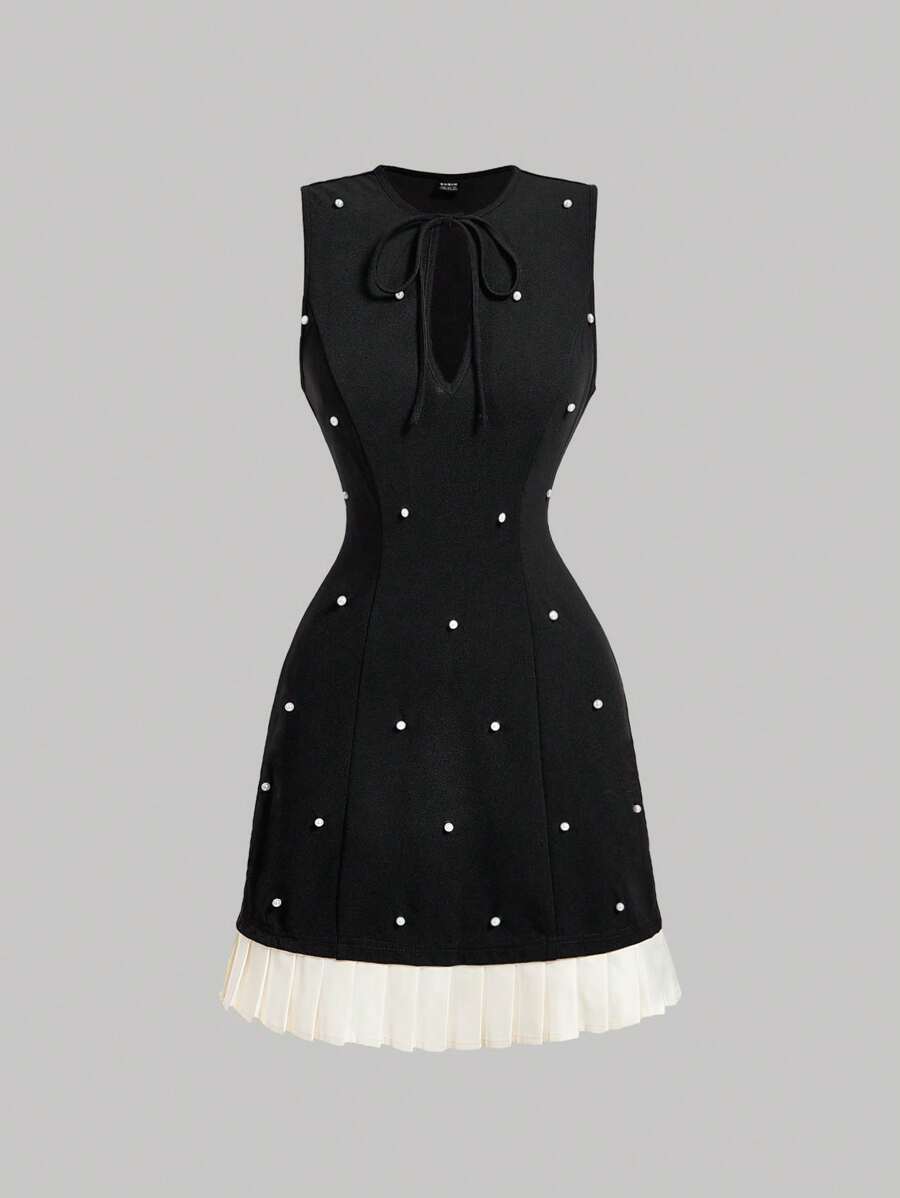 SHEIN MOD Đầm mini cổ tròn không tay đính ngọc trai thời trang dành cho nữ màu đen cổ điển - màu đen - Xem 1