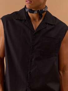 Musero Męska koszula bez rękawów zapinana na guziki Wiosna, Lato, Święta, Urlop - Czarne - Zobacz 2