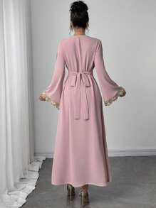 Rafferiza Bata holgada con cuello en V con volantes y mangas largas, bata larga turca, bata árabe - Rosa - Ver 2