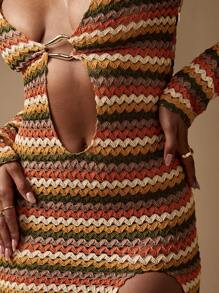 MISSGUIDED Crochet Knit Cutout Maxi Dress Long Sleeve Beach Resort Vertical Zigzag Pattern Boho Vacation Side Slit Dress - Multicolor - View 3