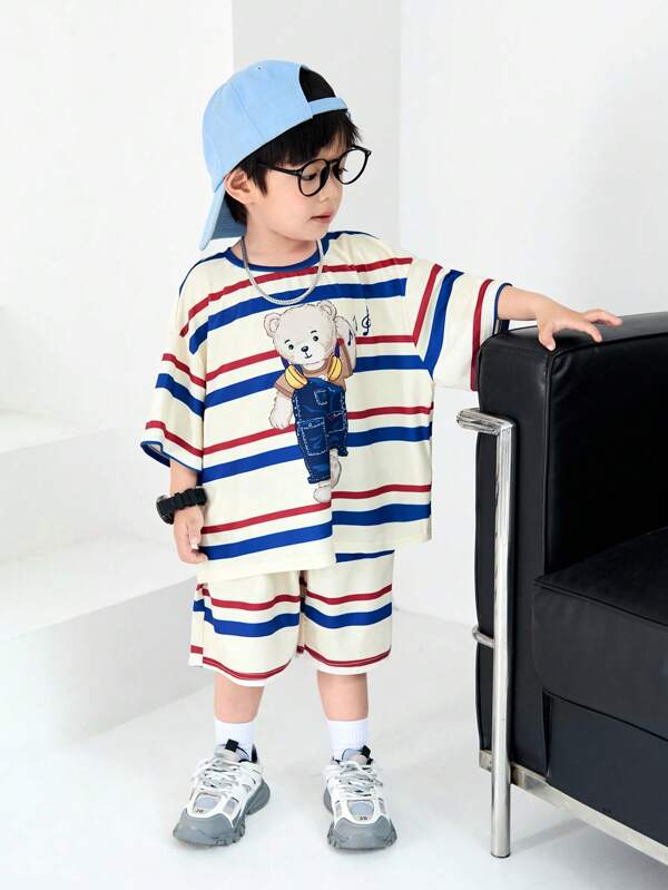 Tricou casual pentru copii/băieți, stil coreean/japonez, cu ursuleț de pluș drăguț, cu dungi, imprimeu grafic, guler rotund, croială lejeră, pulover cu mânecă scurtă, potrivit pentru naveta, școală, sport zilnic, vacanță, sport, primăvară, vară, toamnă, iarnă