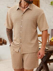 ResortEase Plus Size Men Textured Casual Shirt Set - Khaki - View 6