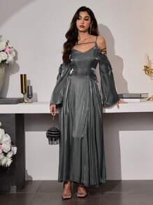 Modelyn 女式优雅长裙，搭配闪亮丝带领带设计、细肩带和喇叭形下摆