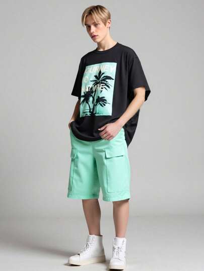  Vacaura Boy Summer Vacation Outfit 2pcs Casual Vacation Outfit Set For Teens, Includes Mint Green Coconut Tree Graphic Tee And Cargo Pocket Shorts, Suitable For Beach, Resort, Seaside