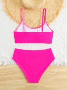 2pcs Teen Girls Pink Stitching Simple Fashion Bikini Set, Swimwear And Beach Outfit Swim Suits For Women Summer Bathing Suits 1pc For Teens Swimming Suits For Woman Bathing Suits For Teens Sets Two Pieces Swimsuit - Pink - View 2