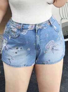 SHEIN ICON 夏季大码女式街头风印花牛仔短裤 - 中等水洗藍 - 查看 1
