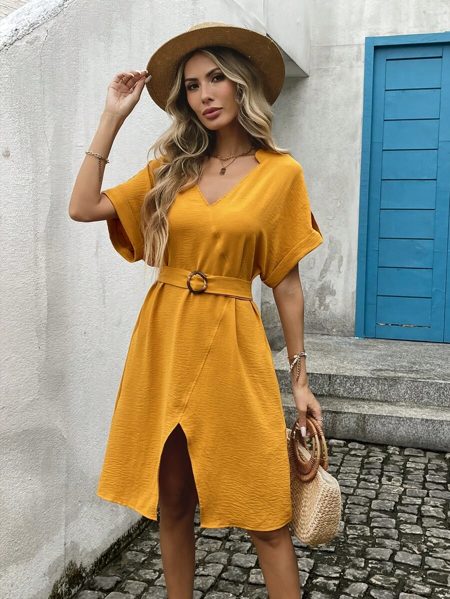 INAWLY Women's Summer Solid V-Neck Batwing Short Sleeve Casual Mid-Length Dress, For Back To School