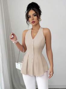 Elenzga Áo sơ mi nữ cổ chữ V không tay màu trơn thanh lịch, giản dị, công sở & nghỉ dưỡng, thiết kế chữ A, eo gập - Màu be - Xem 6