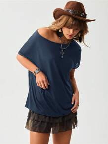 EMERY ROSE 露肩女士音樂節T恤，春夏季 - 藏蓝色 - 查看 4