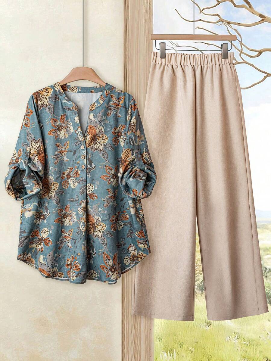 Rusticease 2pcs/Set Women Holiday Floral Print Ruffle Sleeve Blouse And Wide Leg Pants Shirt And Pants Set Blouse And Pants Set - Multicolor - View 1