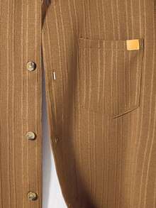 SHEIN 休闲秋季青少年男童纹理罗纹领口袋长袖衬衫，百搭日常商务穿着，棕色衬衫，秋冬季 - 棕色 - 查看 3