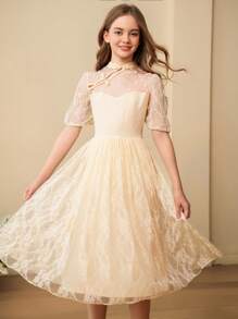 Teen Girl Chinese Style Hanfu Element Dress With Stand Collar And Button Front - Apricot - View 1